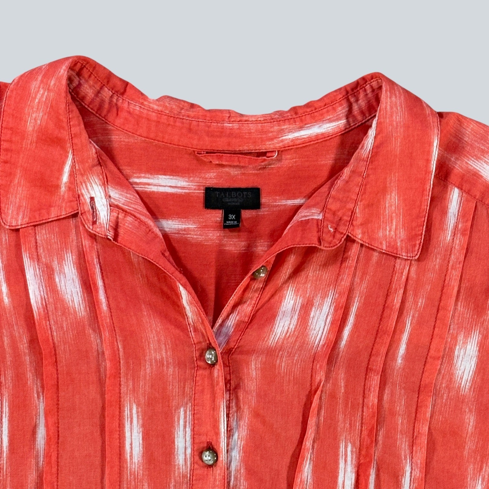 Talbots Woman 3X Coral Ikat Print Cotton Pintuck Short Sleeve Blouse Boho Top