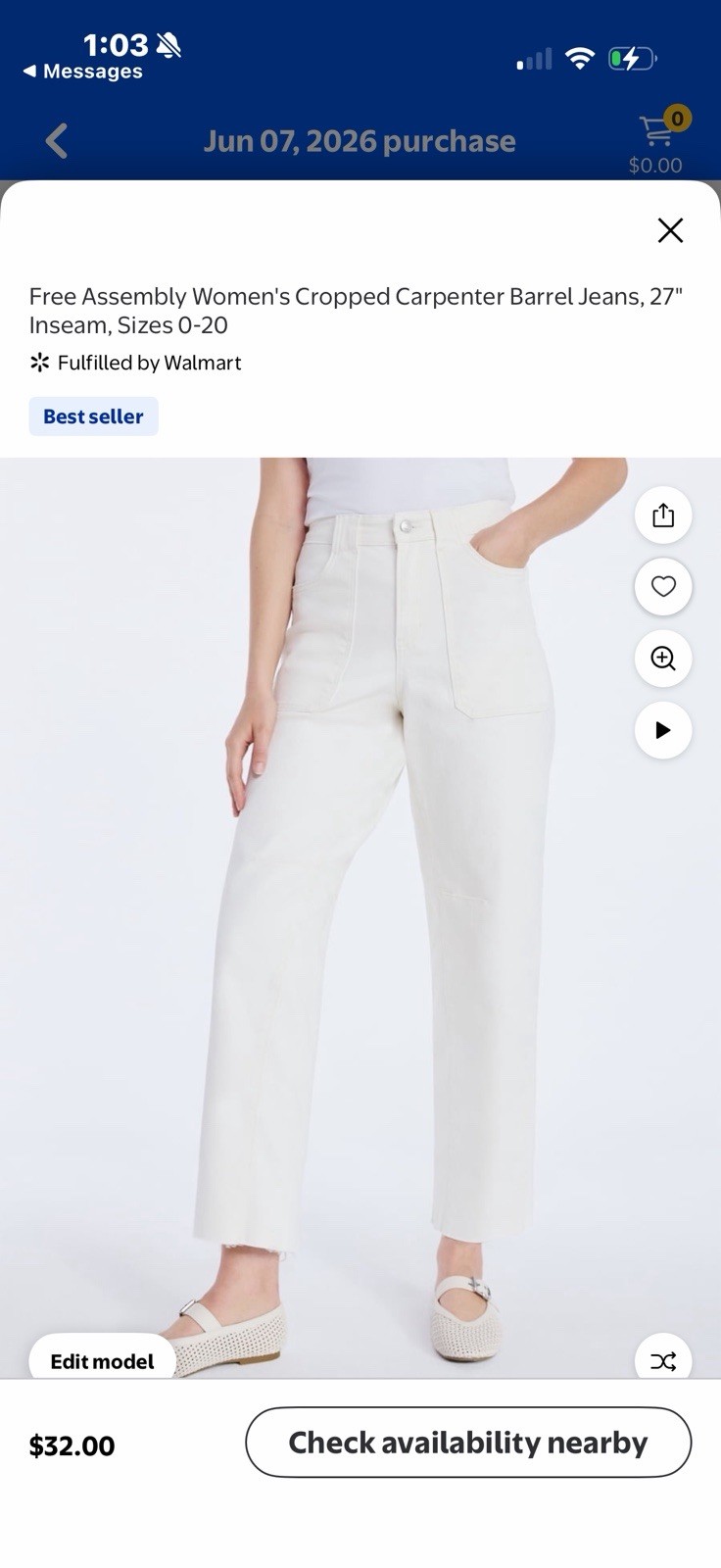 Free Assembly Women’s Cropped High Rise Carpenter Barrel Jeans Vanilla Cream 2