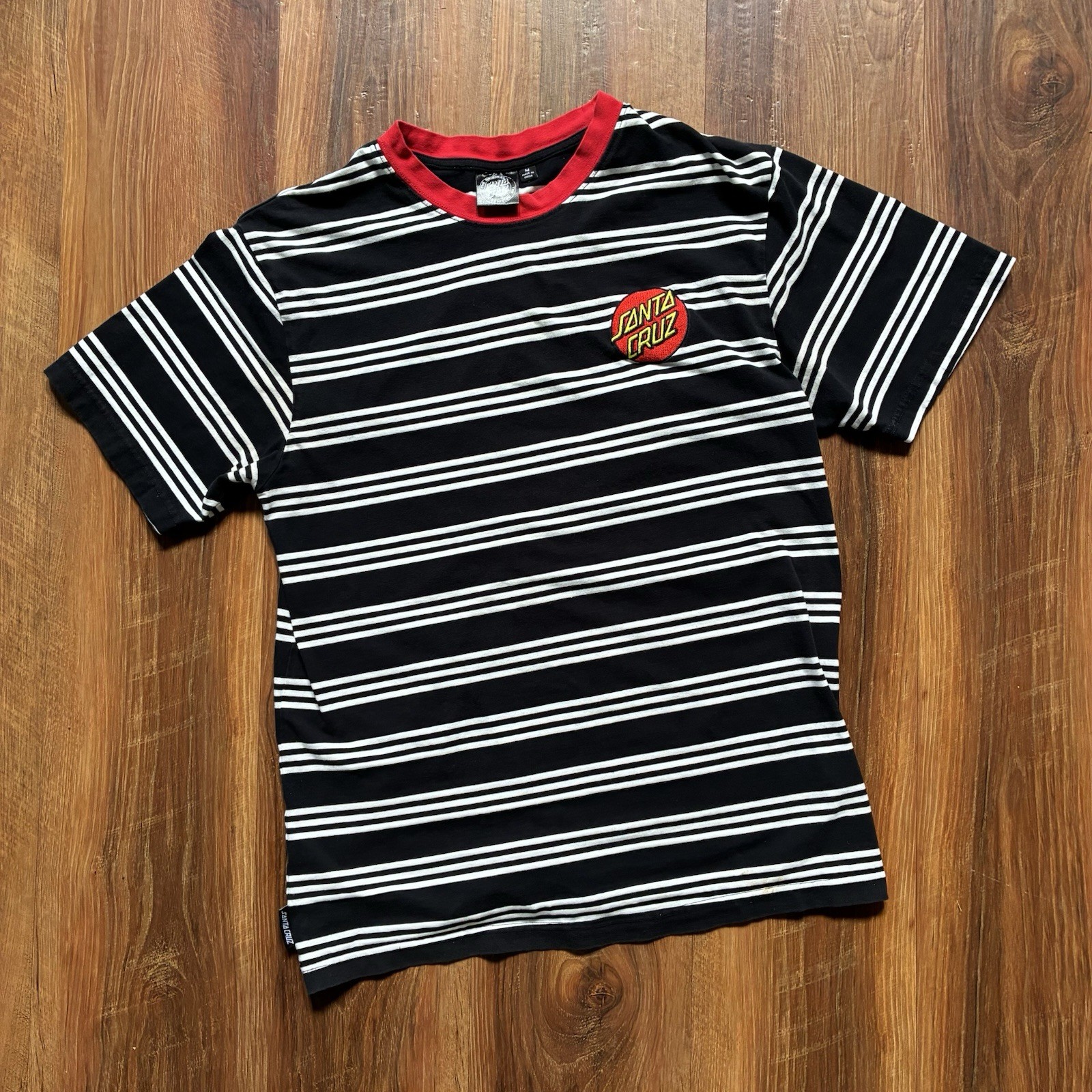 Santa Cruz Striped Ringer T-Shirt Black White Red Embroidered Dot Logo Medium