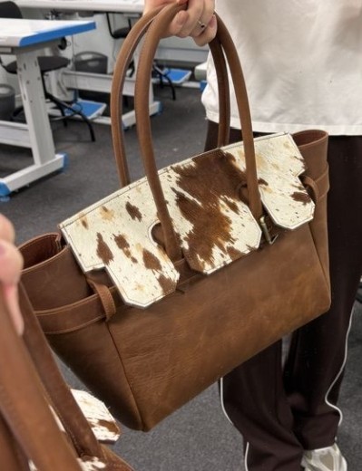Genuine Cowhide Leather Tote Bag Hair-On Brown White Shoulder Handbag Western