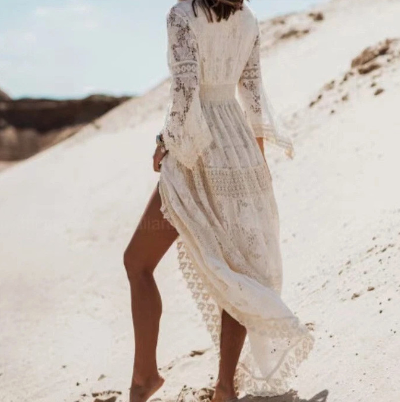 Women’s Boho Maxi Lace V Neck Flare Sleeve Dress Summer Party Beach Sundress New