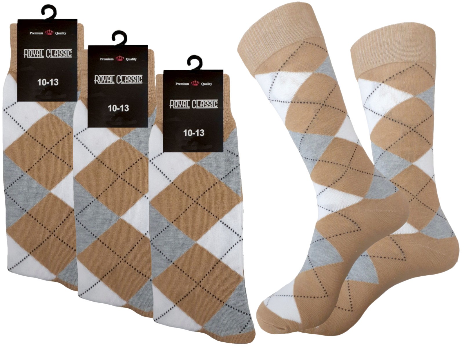 12-6-3-1 Dress Socks Argyle Diamond BEIGE WHITE GRAY COTTON Socks TRUE TO SIZE