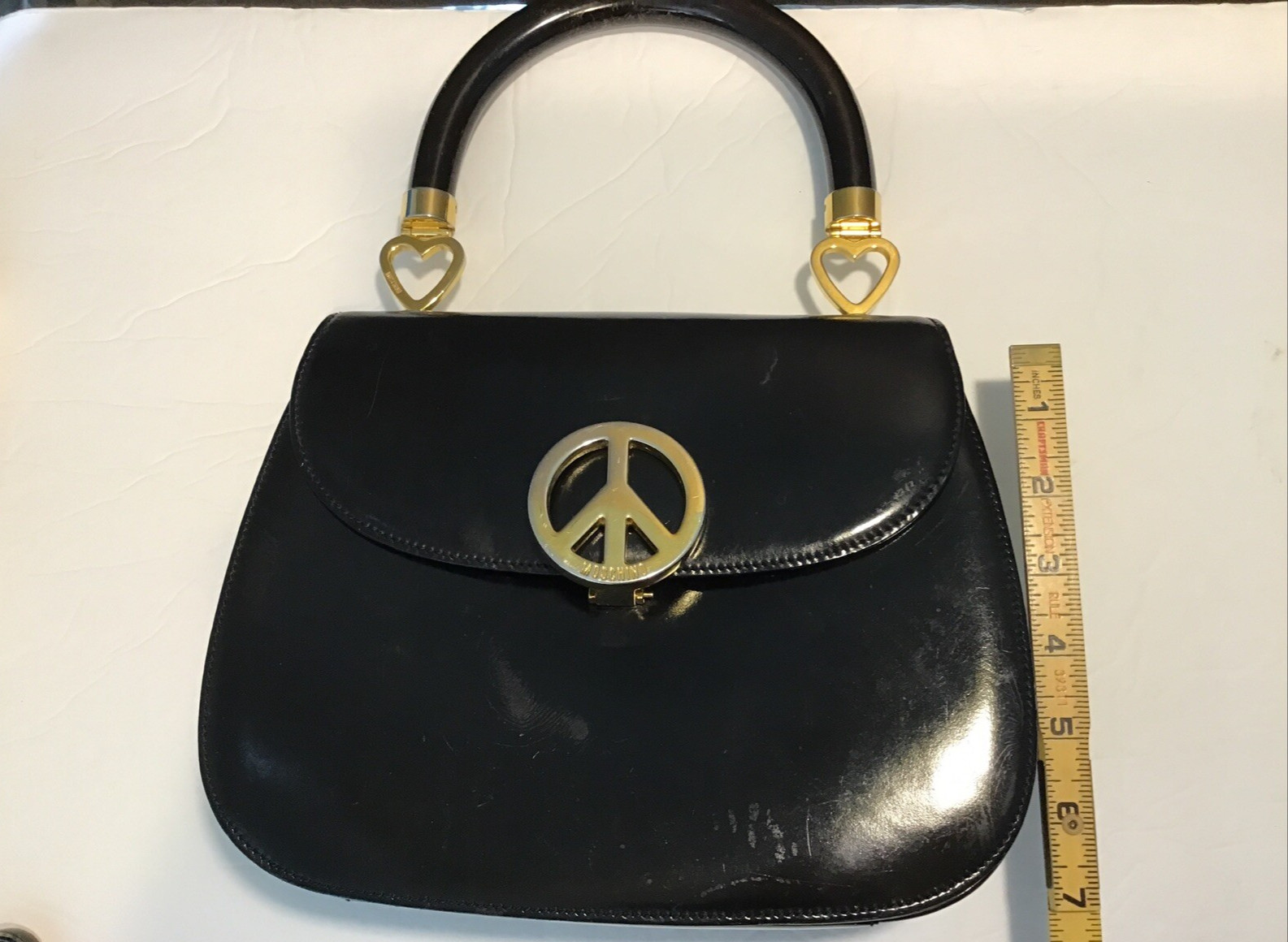 RARE 1990’s VTG. MOSCHINO / REDWALL LOVE & PEACE Black Patent Leather Handbag