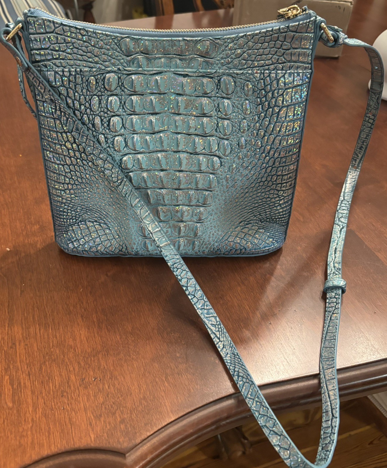 Brahmin Katie Blue Melbourne Crocodile Embossed Leather Crossbody Bag-Great Cond