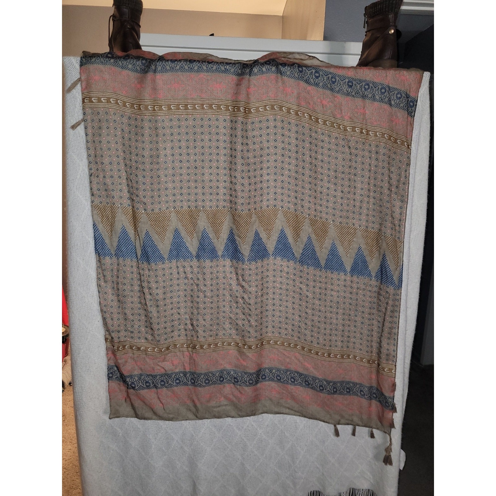 Boho Geometric Scarf Wrap – Pink Blue Tan Lightweight Patterned Shawl