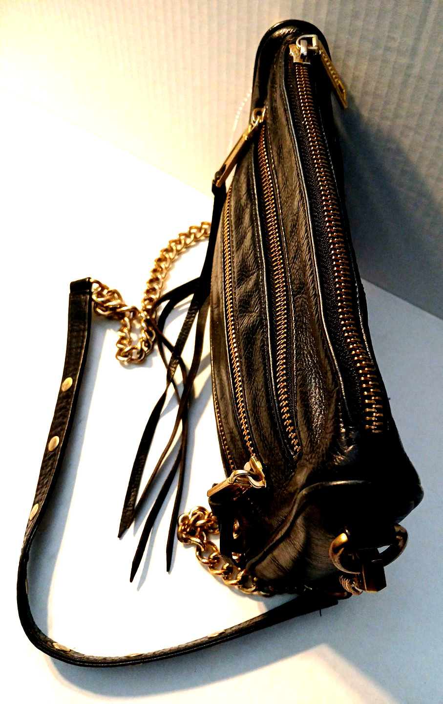 Rebecca Minkoff Black Pebbled Leather Zipper Chain Strap Fringe Crossbody Bag