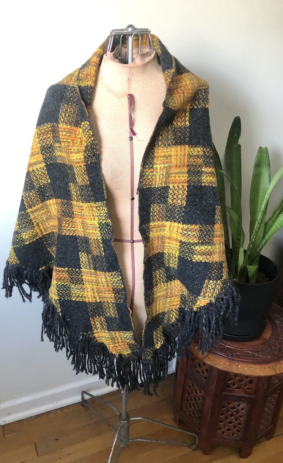 1960’s Charcoal Gray/ Yellow/ Orange Plaid Wool Triangle Shawl