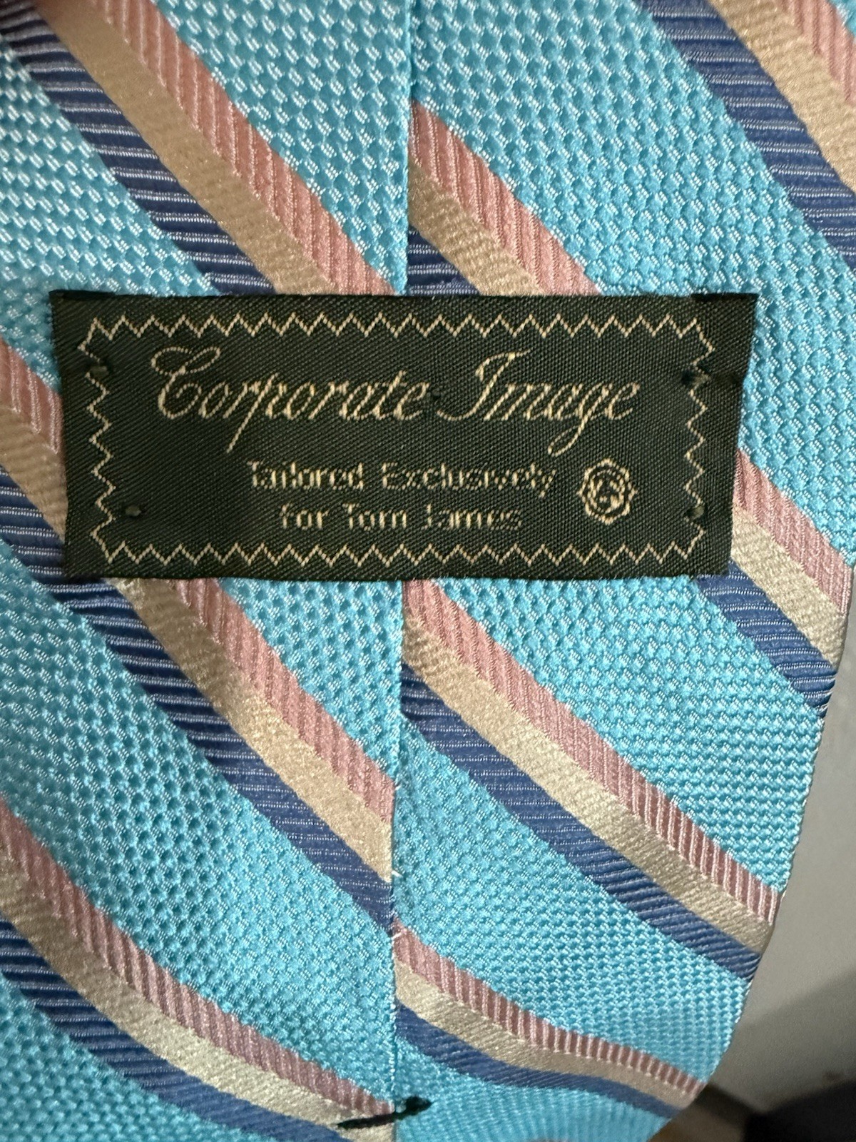 Tom James Corporate Image Silk TieMens Turquoise Blue Pink Stripe Excellent