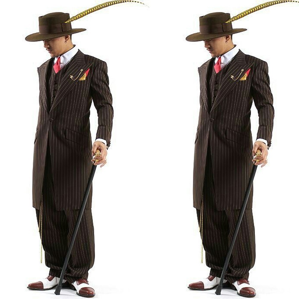 Black Men’s Zoot Suits Pinstriped Wedding Tuxedo Evening Party Prom Long Coats