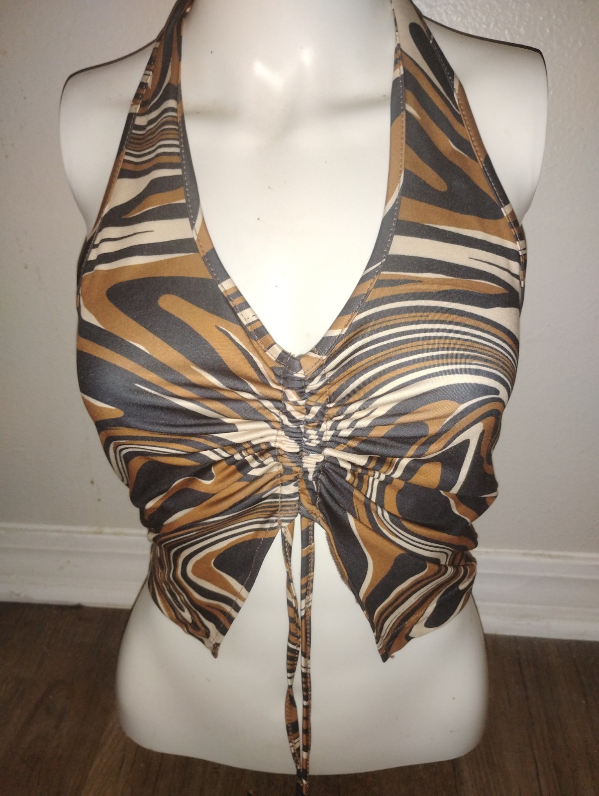 Brown, Cream & Black Marbled Halter Top. Drawstring Front Medium. Sexy Summer