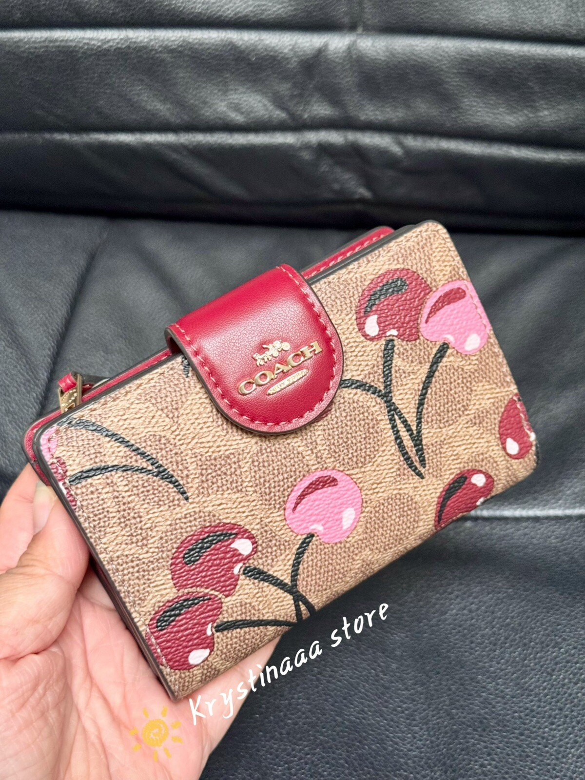 Coach Medium Corner Zip Wallet In Signature Canvas With Cherry Print CZ342 NWT