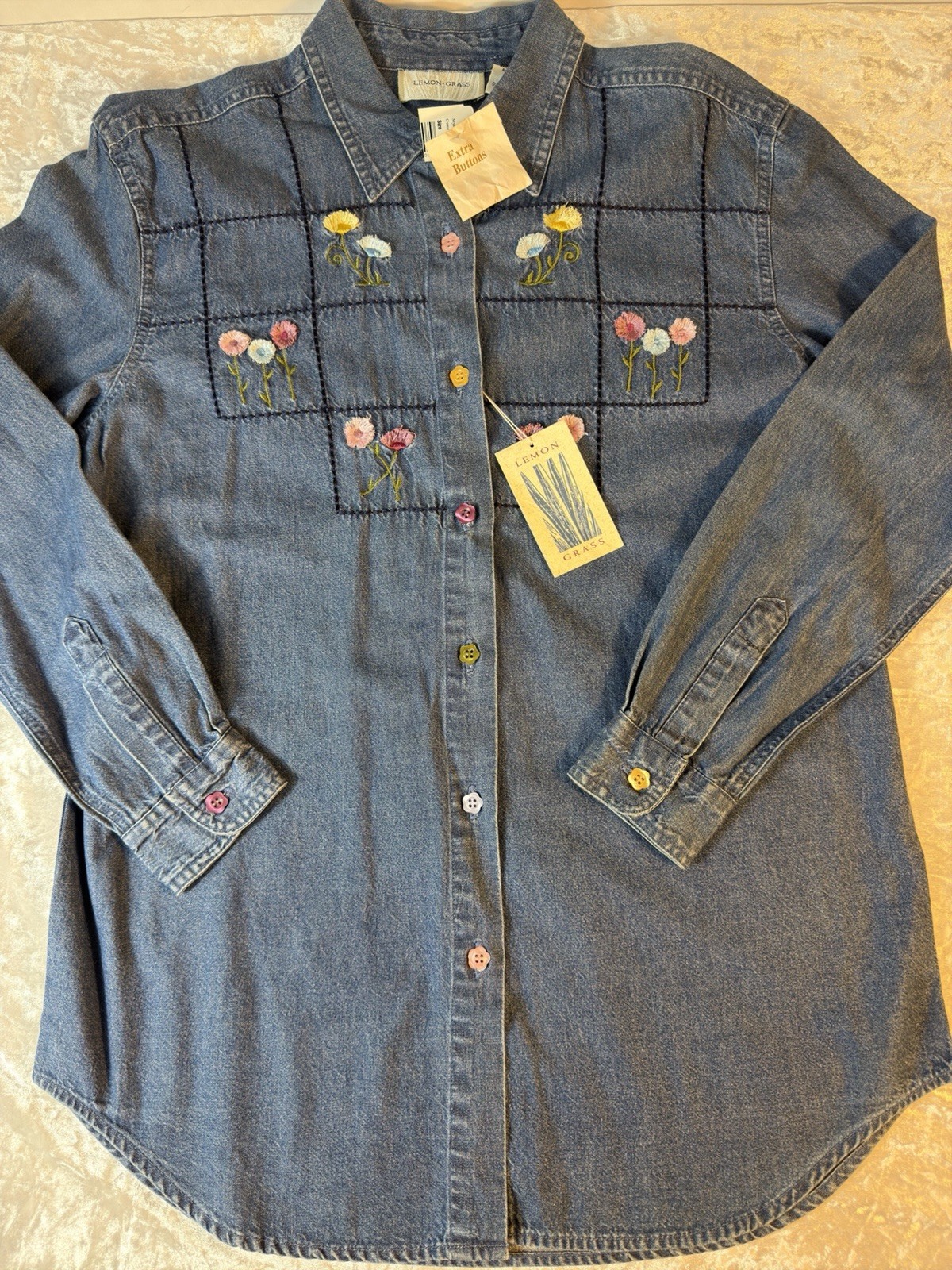 Lemon Grass Embroidered Denim Button Front Shirt Floral Cottagecore NWT