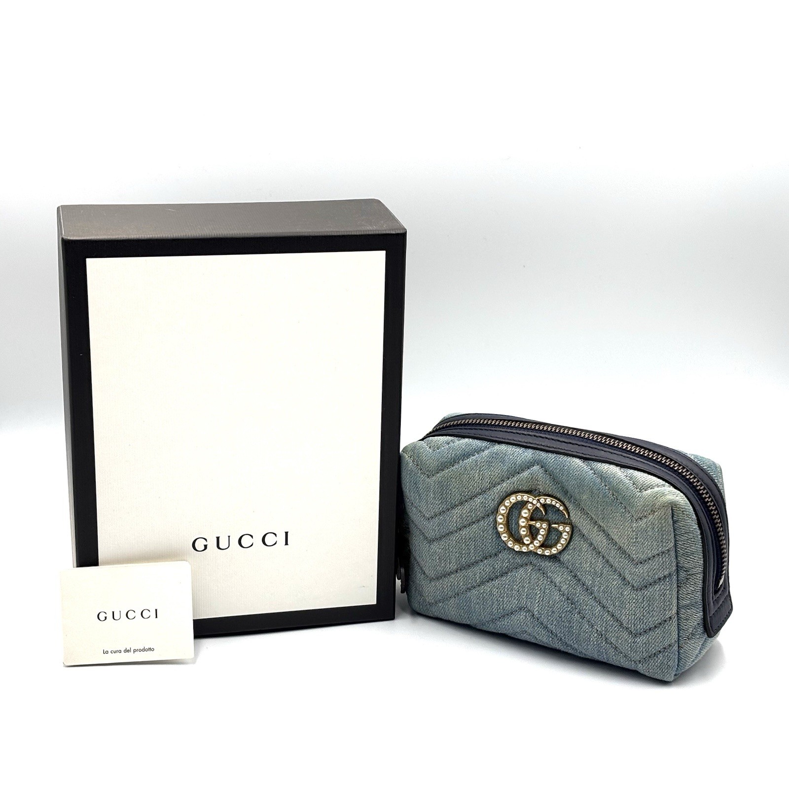 Gucci Pouch GG Marmont Floral Denim Flower Authentic