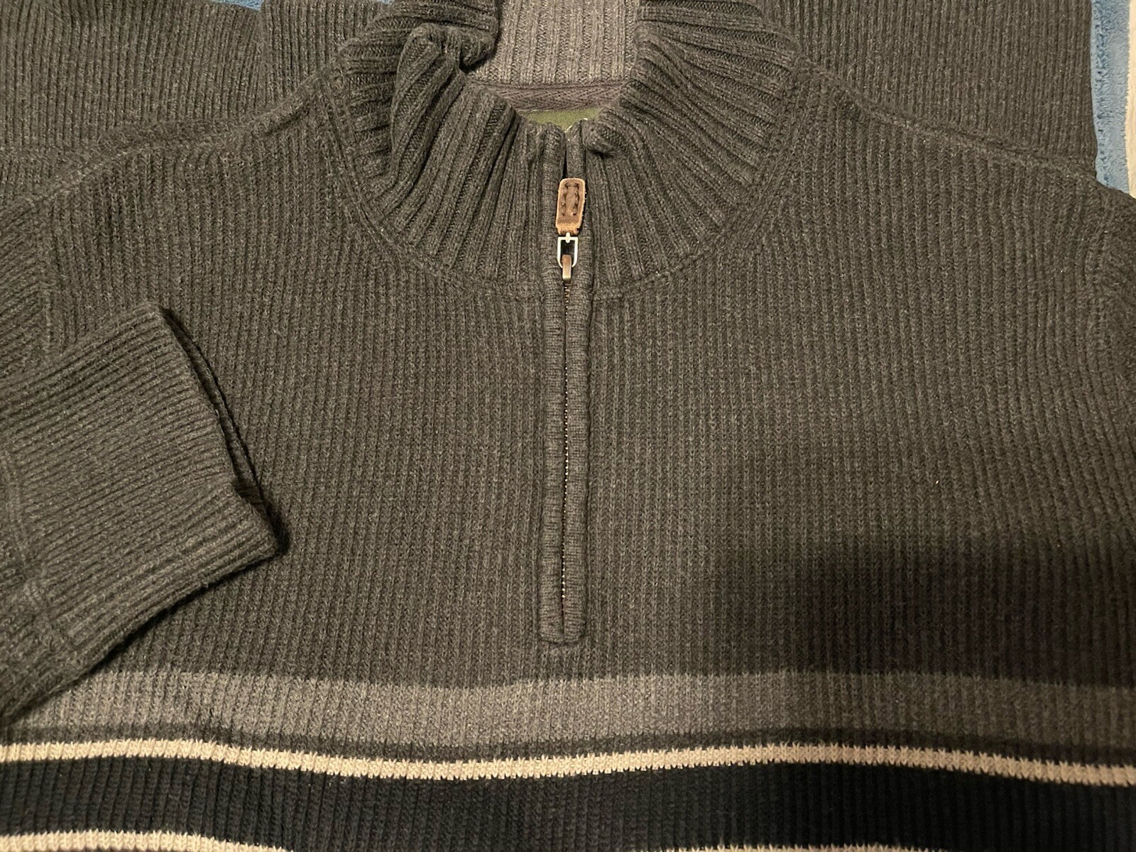 EDDIE BAUER SIGNATURE COTTON QUARTER ZIP MEN CHARCOAL CHEST STRIPE SWEATER SMALL