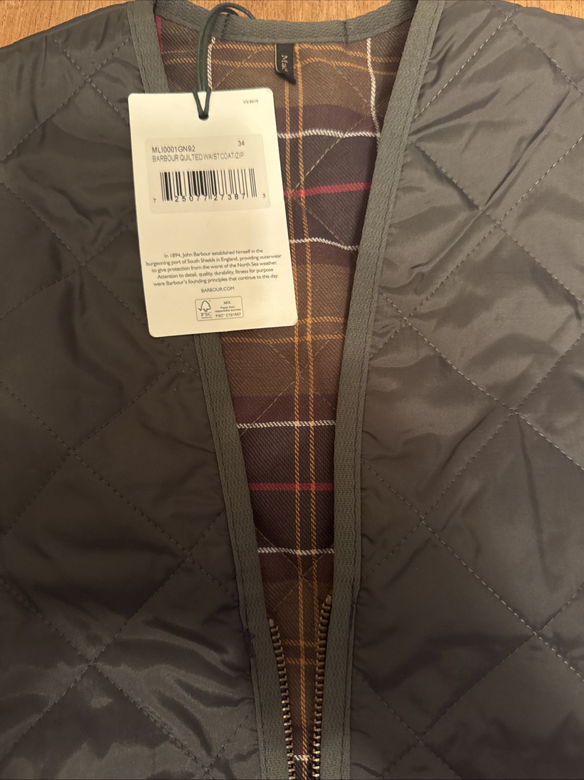 Barbour Quilted Waistcoat with Zip-In Liner, Olive, Size 34