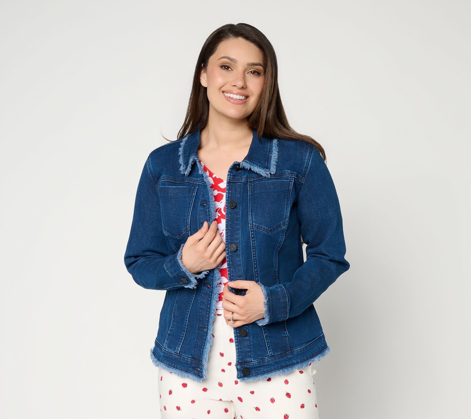 Susan Graver Women’s Jacket Sz M Denim Button-Front Frayed Jean Majesty A470182