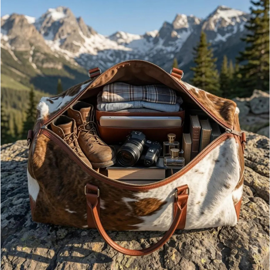 Cowhide Duffle Bag Hair On Genuine Leather Weekender Overnight Carry On Bag