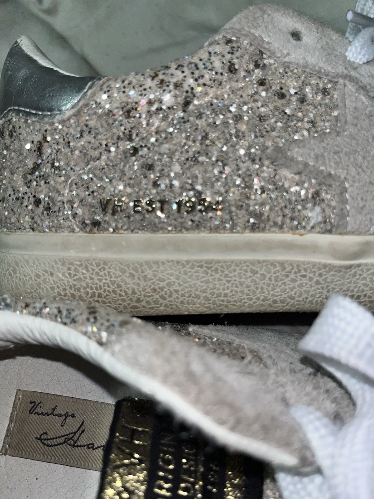 Vintage Havana Silver/White Glitter Low Top Lace-Up Sneakers, Rubber Outsole