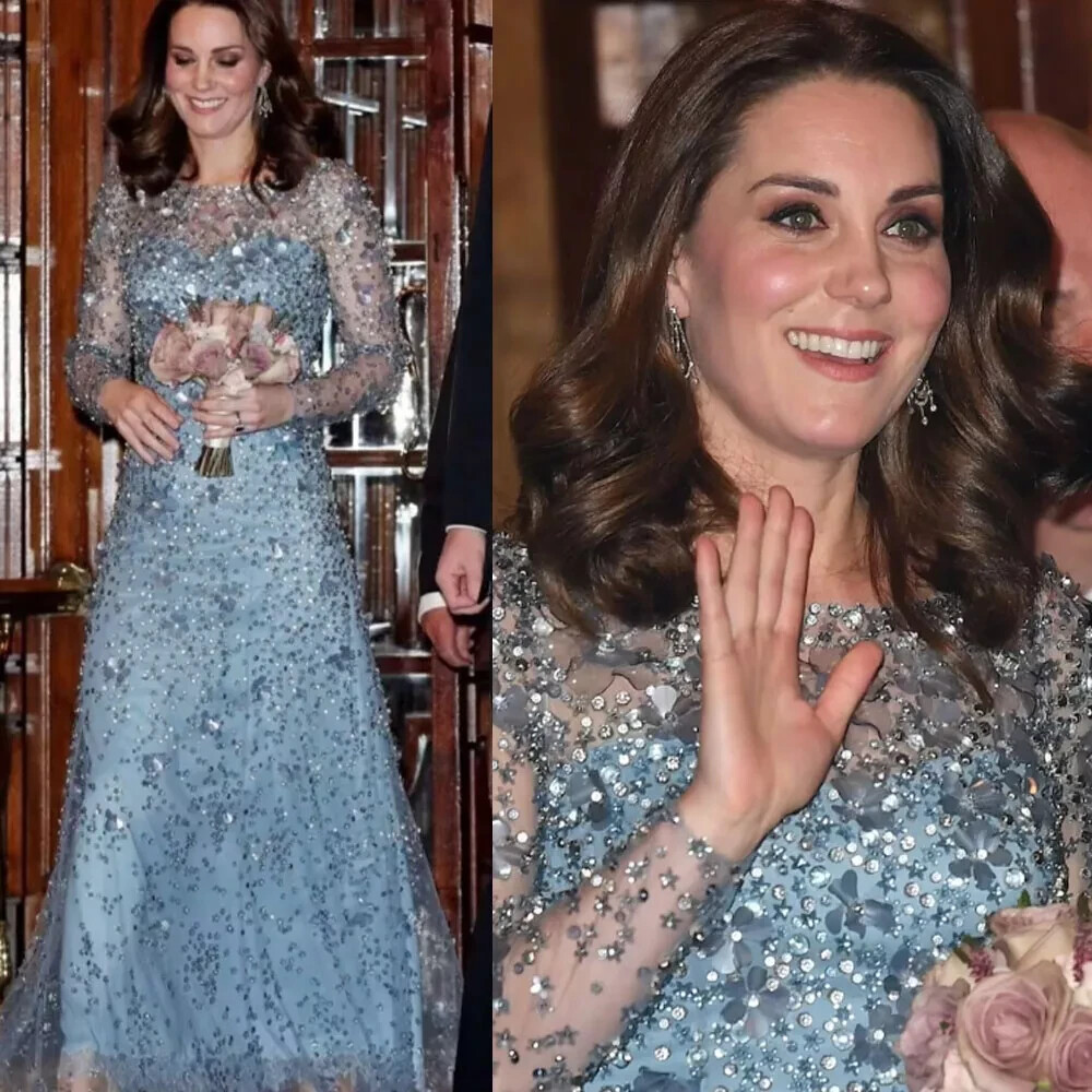 Kate Middleton Style Illusion Long Sleeve Beaded Tulle Formal Evening Party Gown