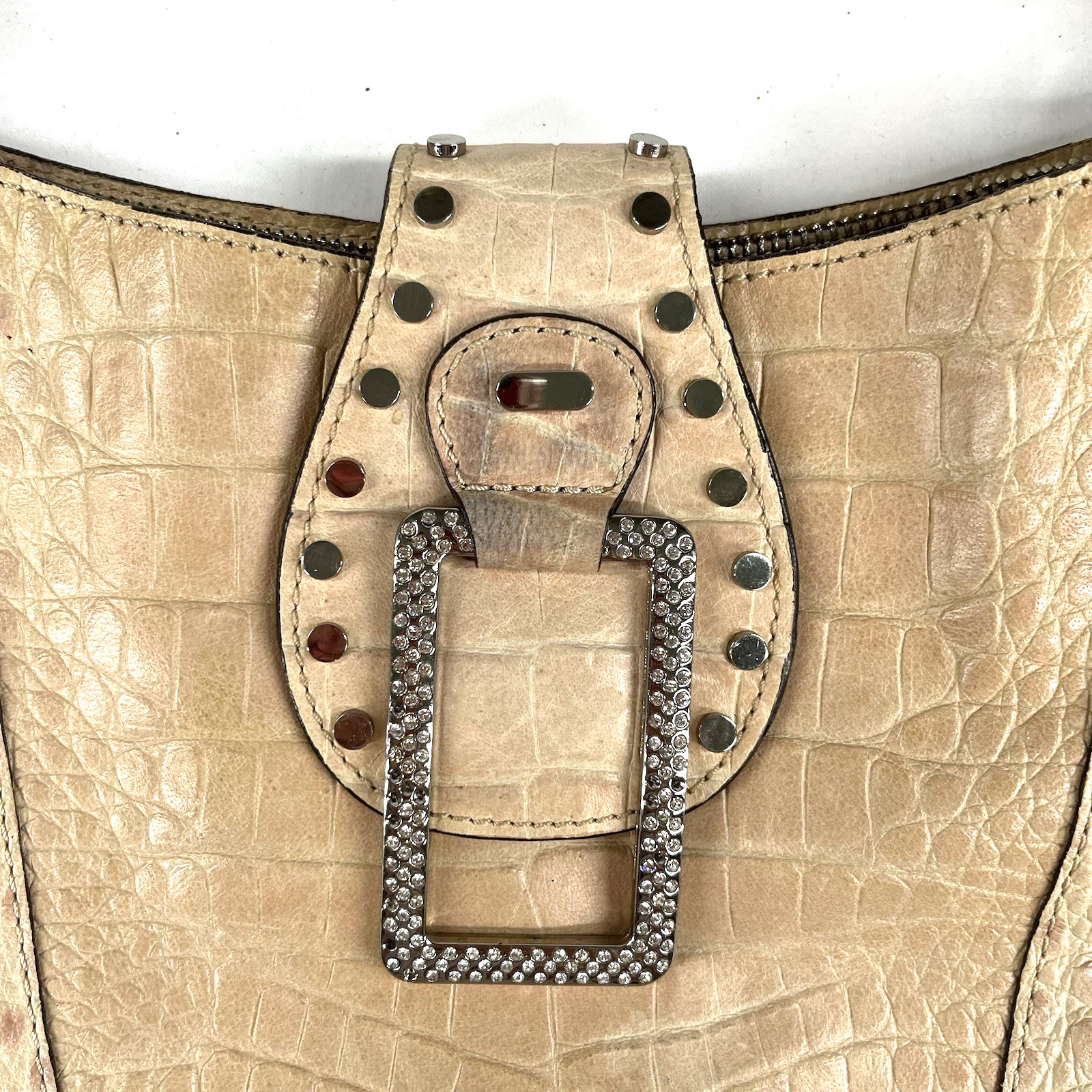 Vintage GUESS Y2K Beige Croc Embossed Logo Hobo Bag Studded Rhinestone Buckle