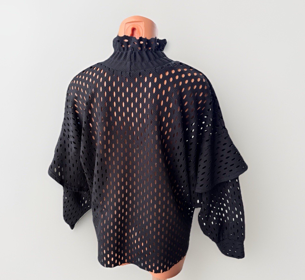 Minkie Black Open Knit Crochet Ruffle Sleeve Mock Neck Pullover Blouse Size L