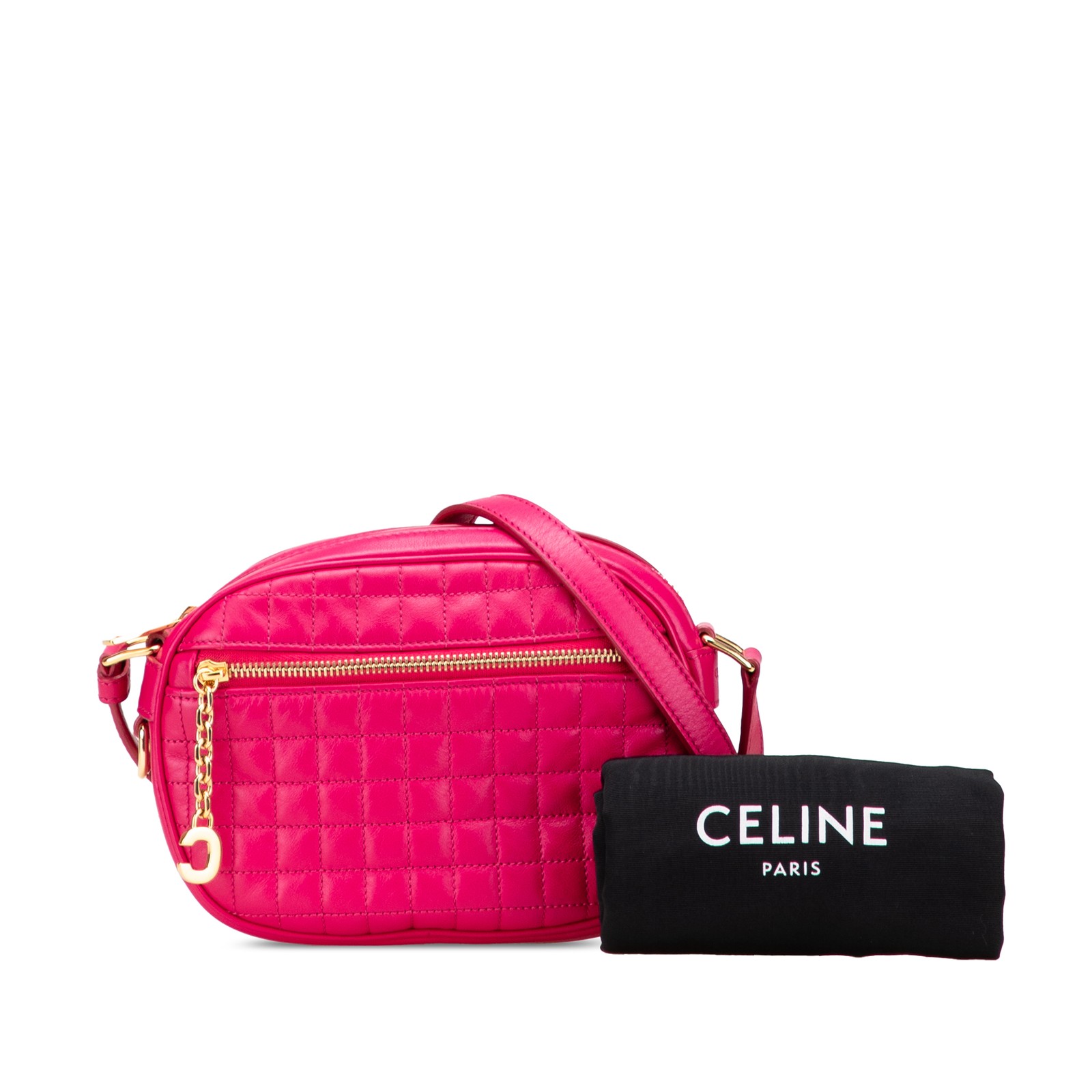 Authenticated Celine Quilted skin C Charm Crossbody Pink Dark Calf Leather Bag