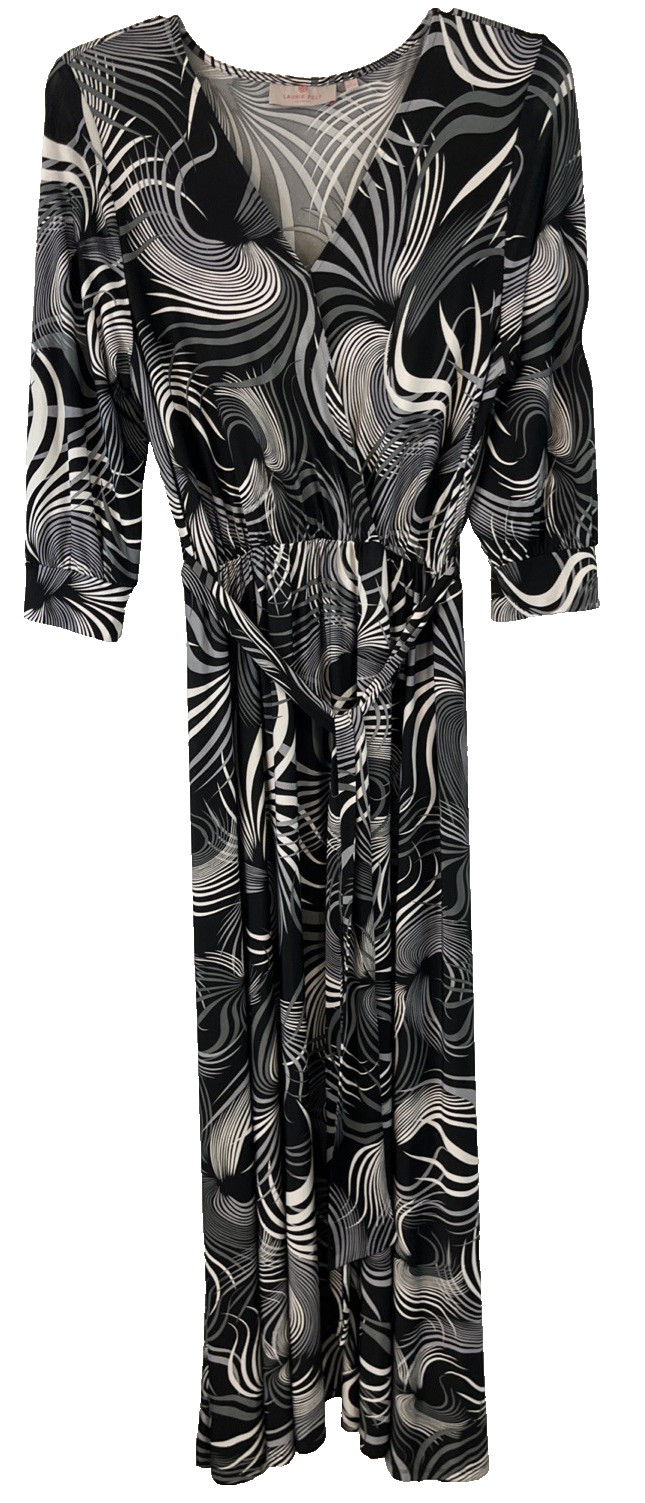 Laurie Felt Wrap Front Maxi Dress Sz L Black Geometric V Neck A346625 Women K3