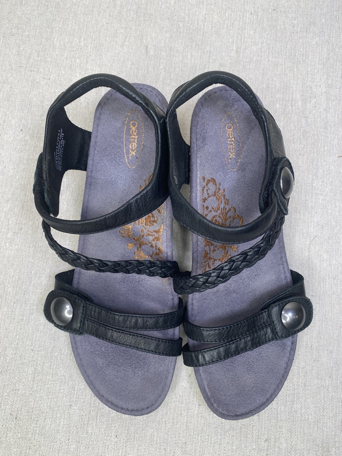 Aetrex Naya Black Leather Braided Strap Comfort Sandals Womens 8.5 EW450W