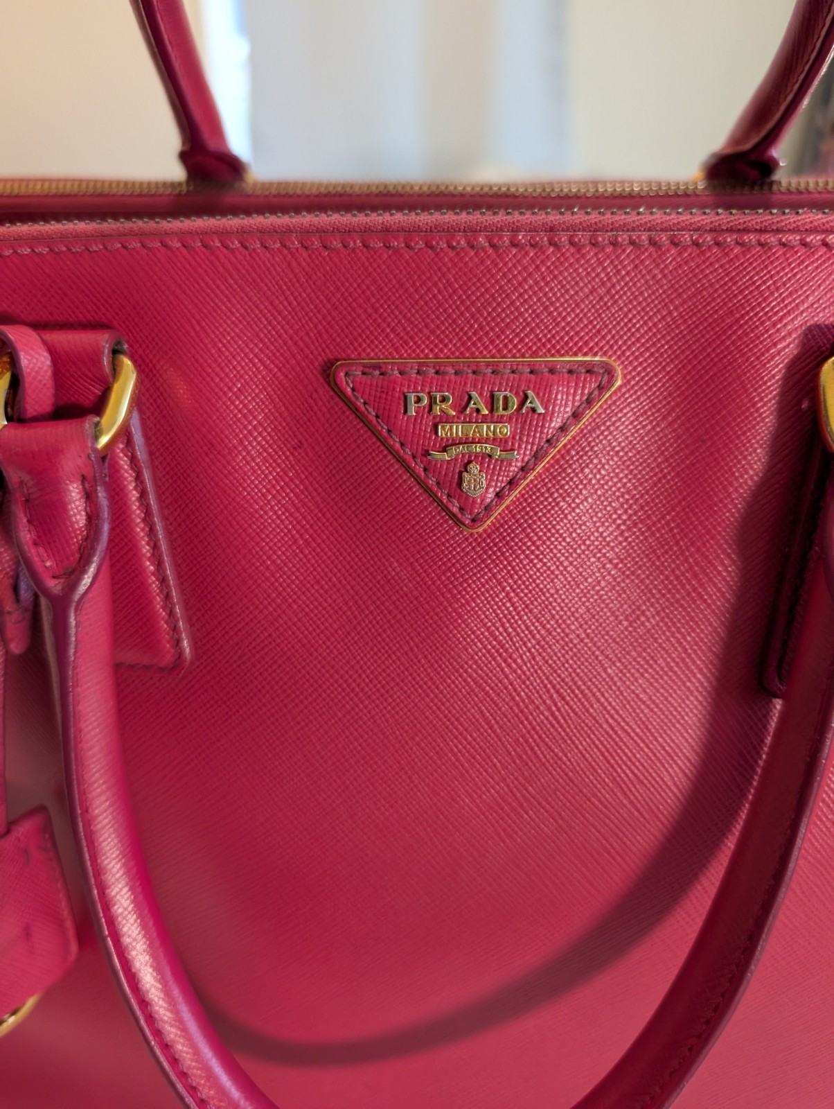 PRADA Pink Top Handle Satchel Gold Hardware Logo Key Holder Bottom Studs