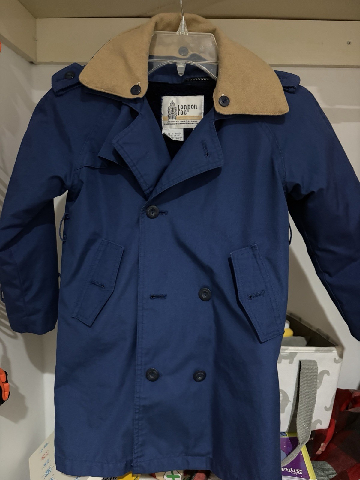 London Fog Boys Trench Coat Size 6 Blue/Beige Collar Cotton Blend Button Mid