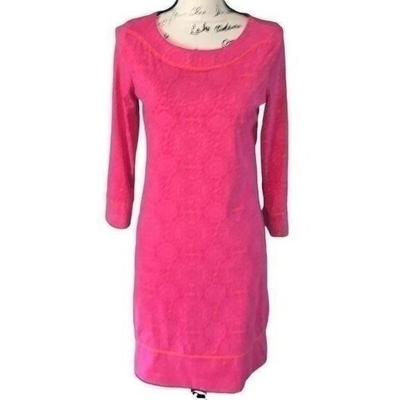 Lands End Pink Mandala Print Shift Dress XS 2-4 3/4 Sleeve Scoop Neck Stretch