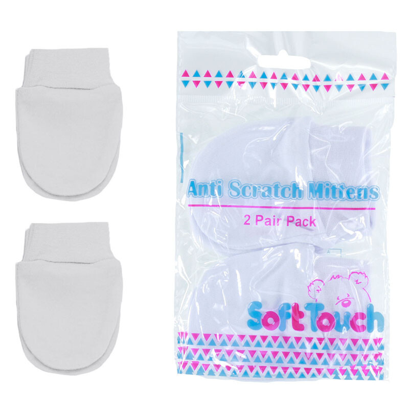 Newborn/Tiny Baby Anti Scratch Mittens, Blue Pink White Grey Cotton 2 Pair Pack