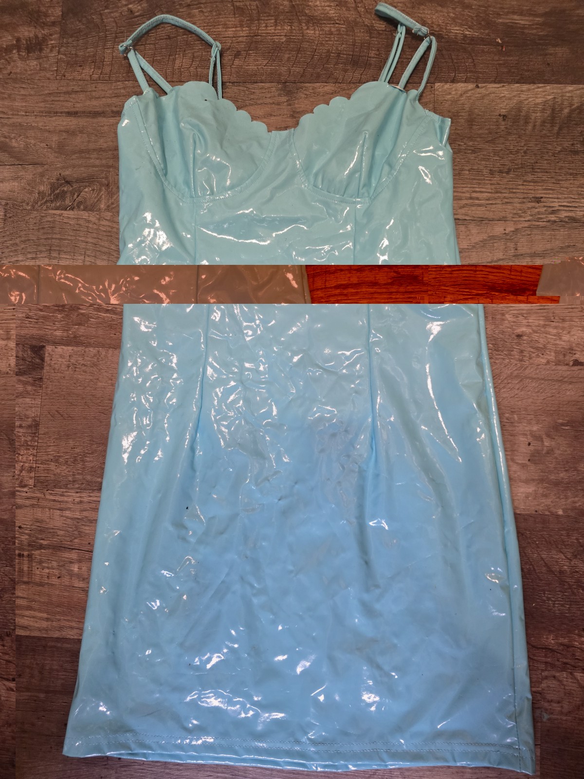 Women’s Blue Latex Mini Dress Spaghetti Straps Sweetheart Neckline Lined S
