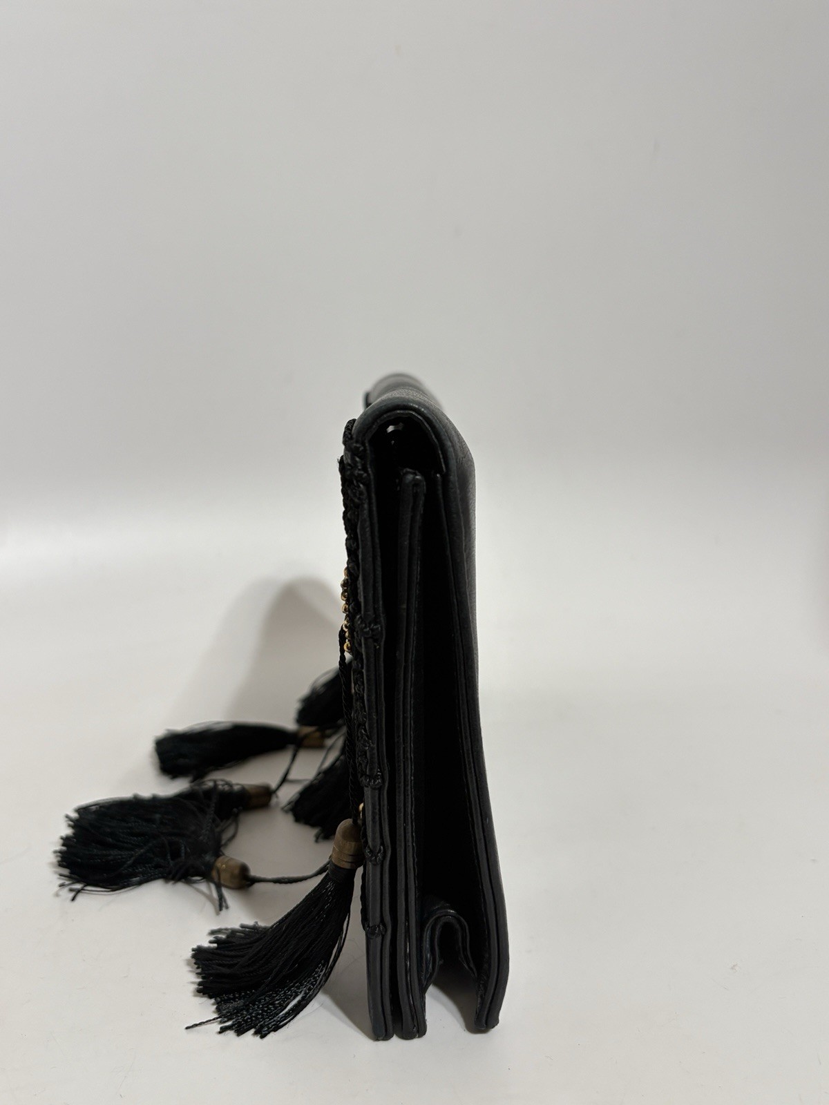 Vtg Gianni Versace 80s Black Leather Tassel Clutch Bag