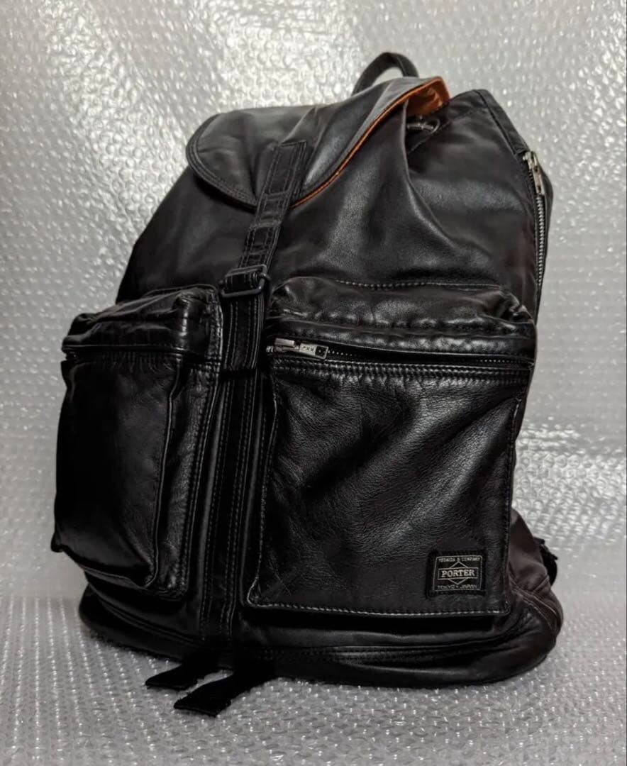 PORTER Tanker Leather Backpack Black Nylon Lined Zip Military Men Japan 43cm