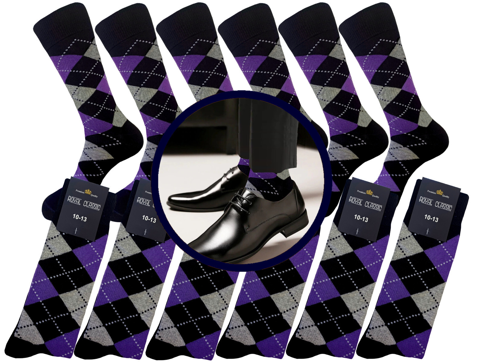 12-6-3-1 Dress Socks Argyle Diamond PURPLE Black Gray COTTON Socks TRUE TO SIZE