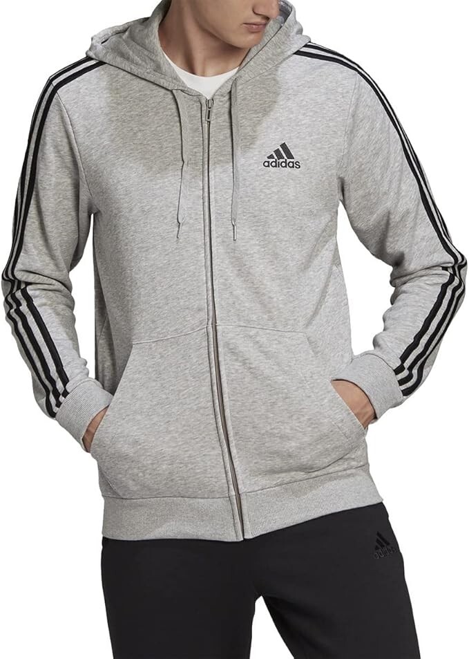 Adidas Men’s Essentials French Terry 3-Stripes full-zip Hoodie Small Gray