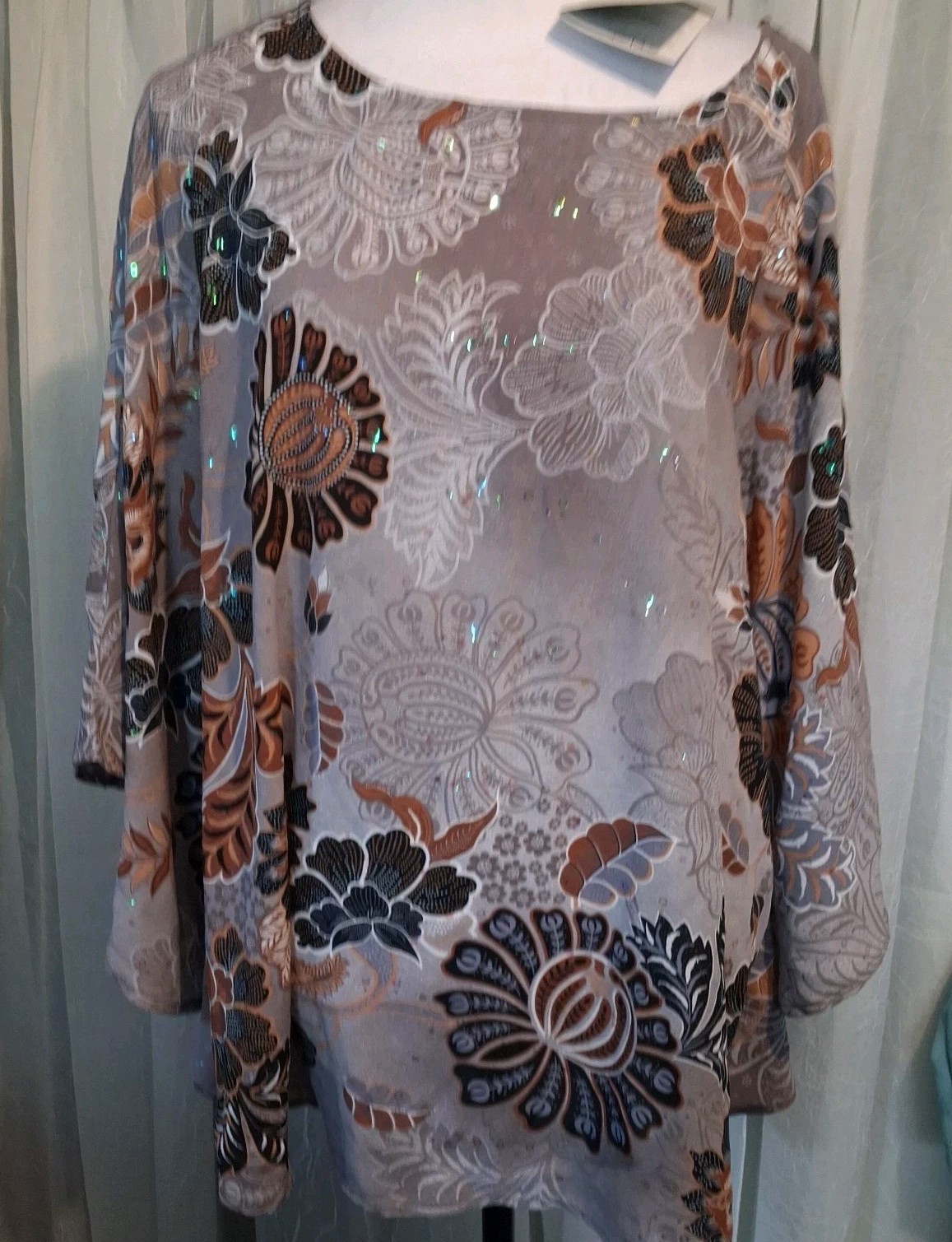 Bob Mackie Wearable Art Batwing Poncho Tunic Floral Sequined Art To Wear NWT Lg