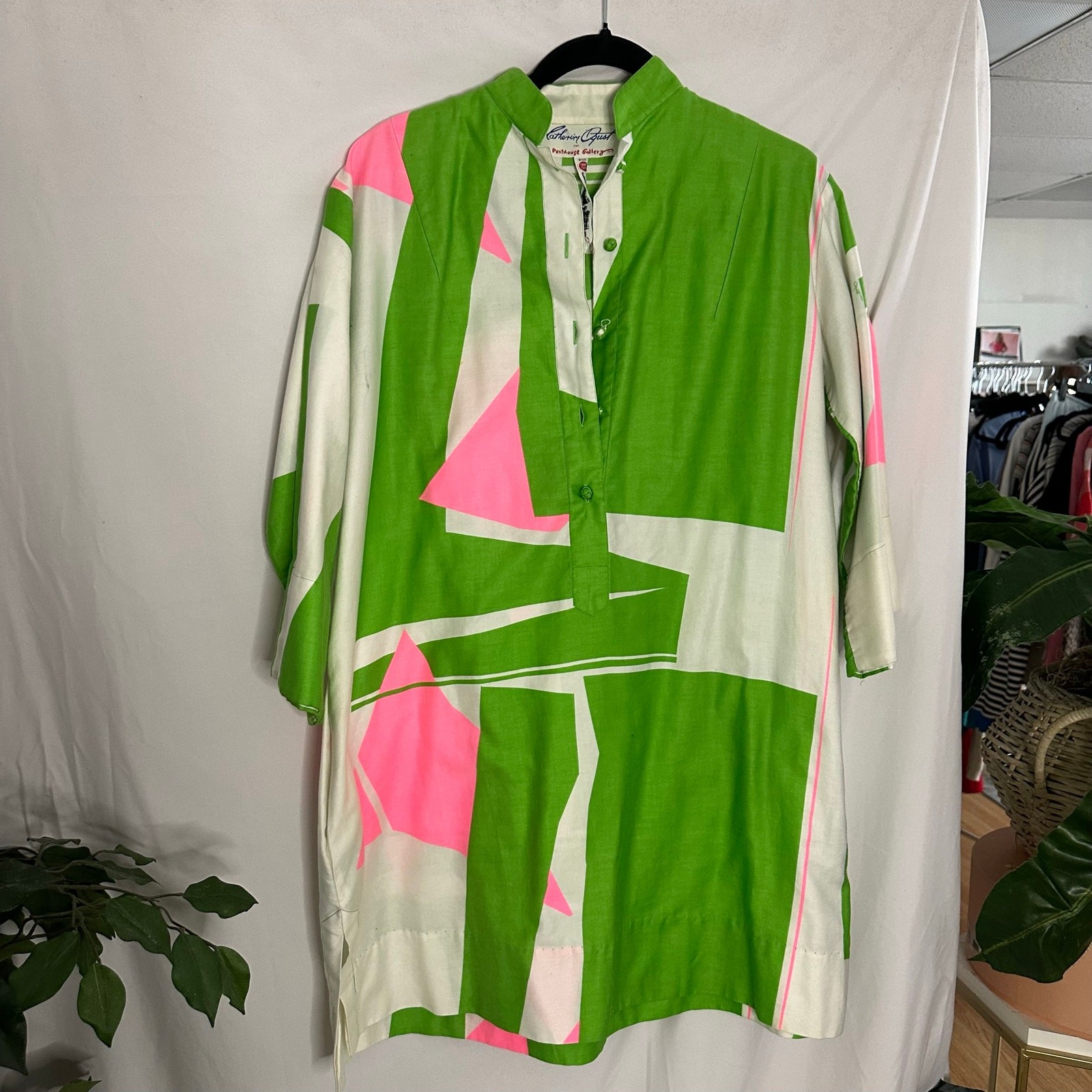 Vintage Catherine Ogust for Penthouse Gallery Mini Shirt Dress Green Pink