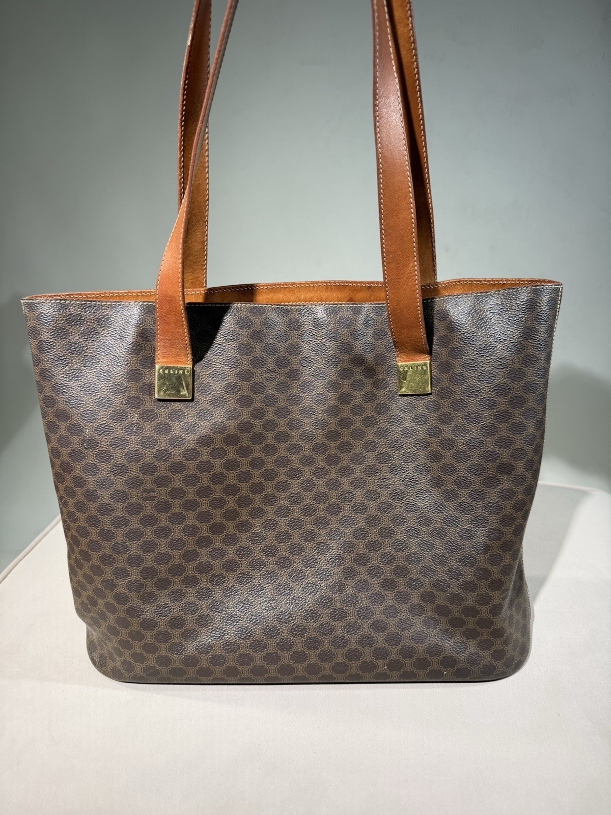 Celine Macadam Triomphe Brown Tote Bag Gold Hardware Leather Shoulder Strap