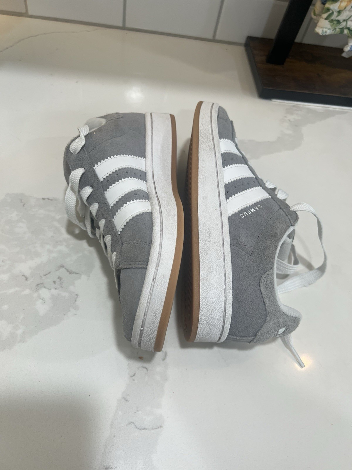 Women’s Adidas Campus Low Top Suede Sneaker Gray/White 3-Stripe Lace-Up Gum Sole