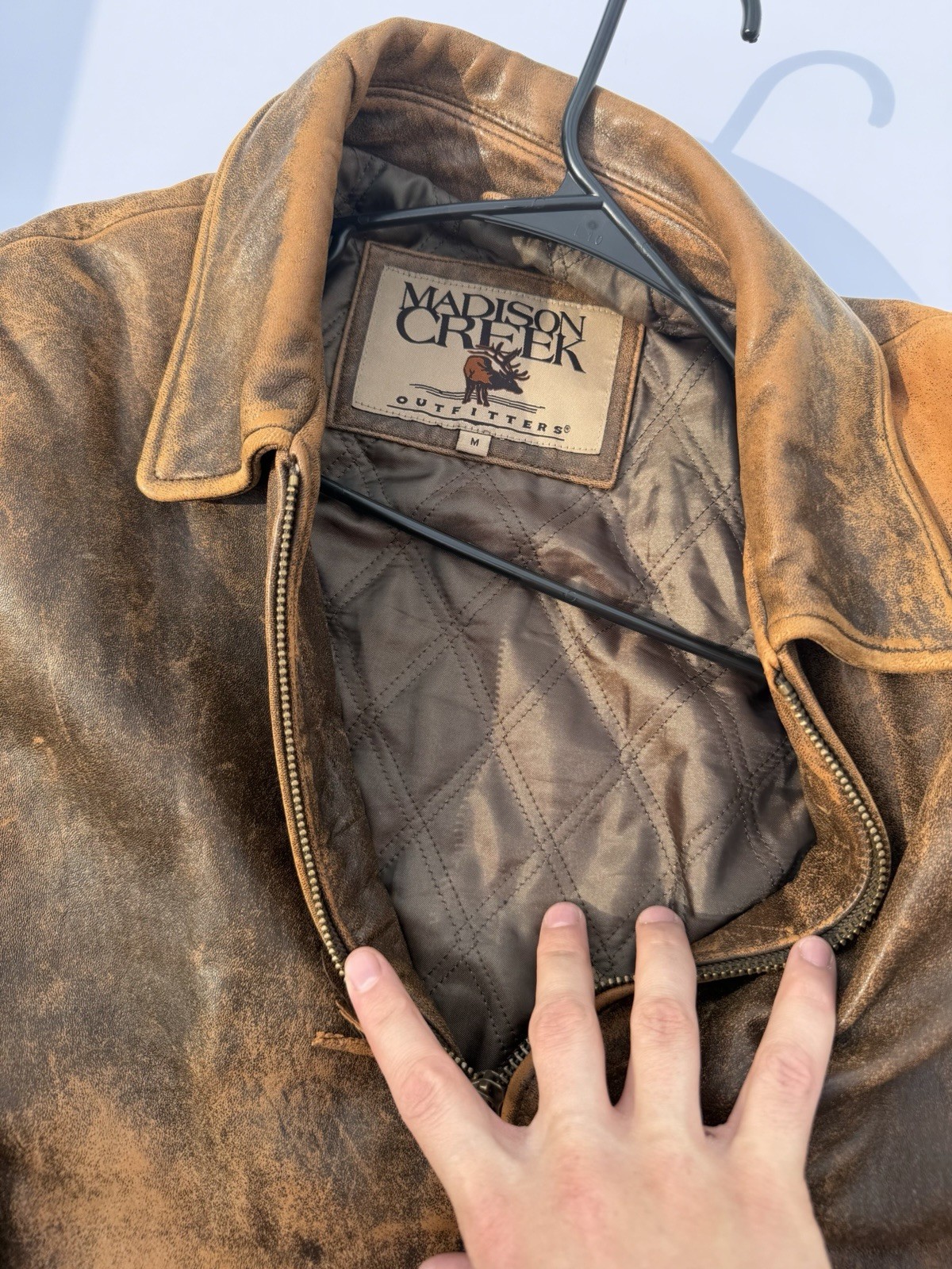 VINTAGE 90sMadison Creek Outfitters Men’s Distressed Brown Leather Bomber Jacket