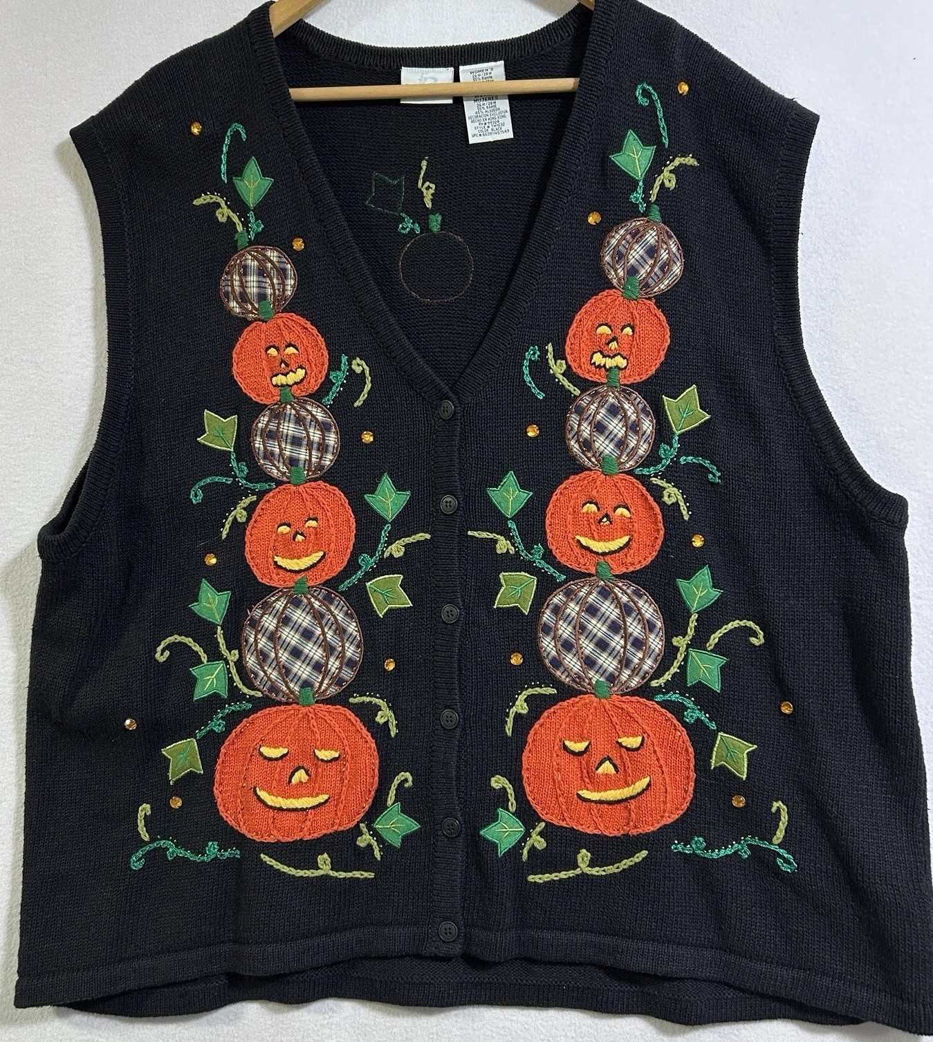 Vtg Bobbie Brooks Halloween Pumpkins Button Knit Sweater Vest Womens 26/28W