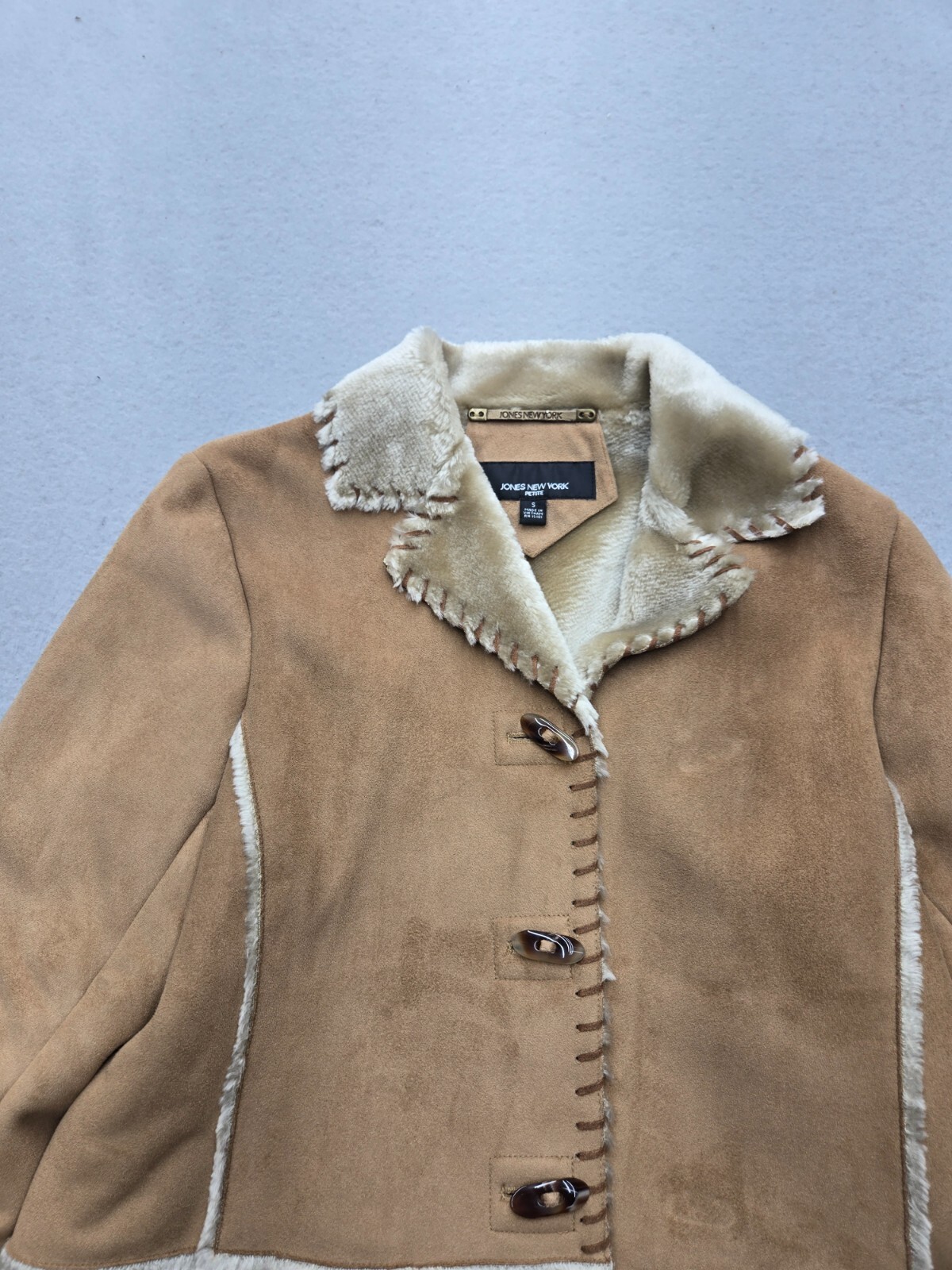 Jones New York Women Coat Small Brown Faux Fur Collared Lapel Stitching Casual