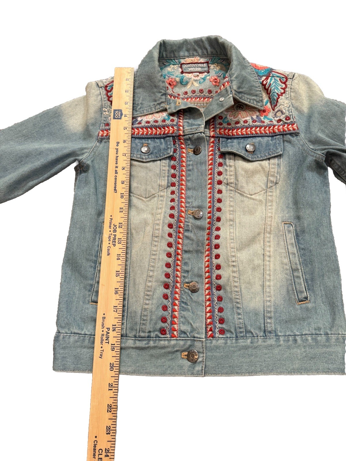 Johnny Was Oman Embroidered Denim Jean Jacket Women’s Boho Artsy Colorful XS