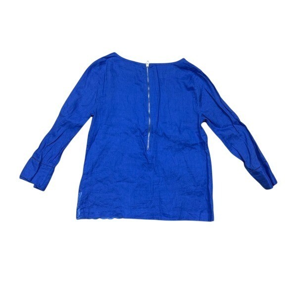 J. Crew Women’s Royal Blue Embroidered Linen Blouse Top Size 4 3/4 Sleeve Floral