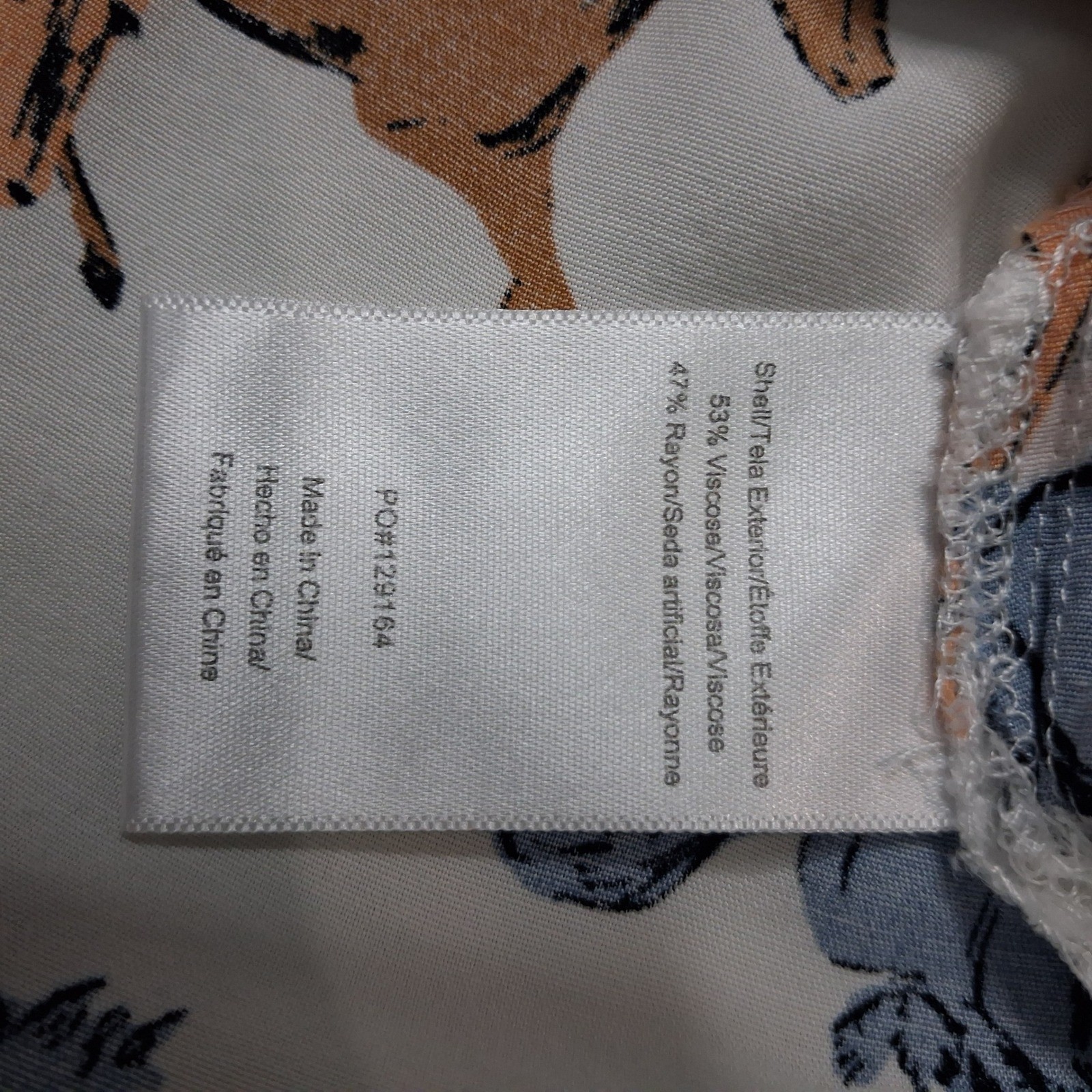 ModCloth Horse Print Blouse White Blue Tan Henley Long Sleeve Top Womens Medium