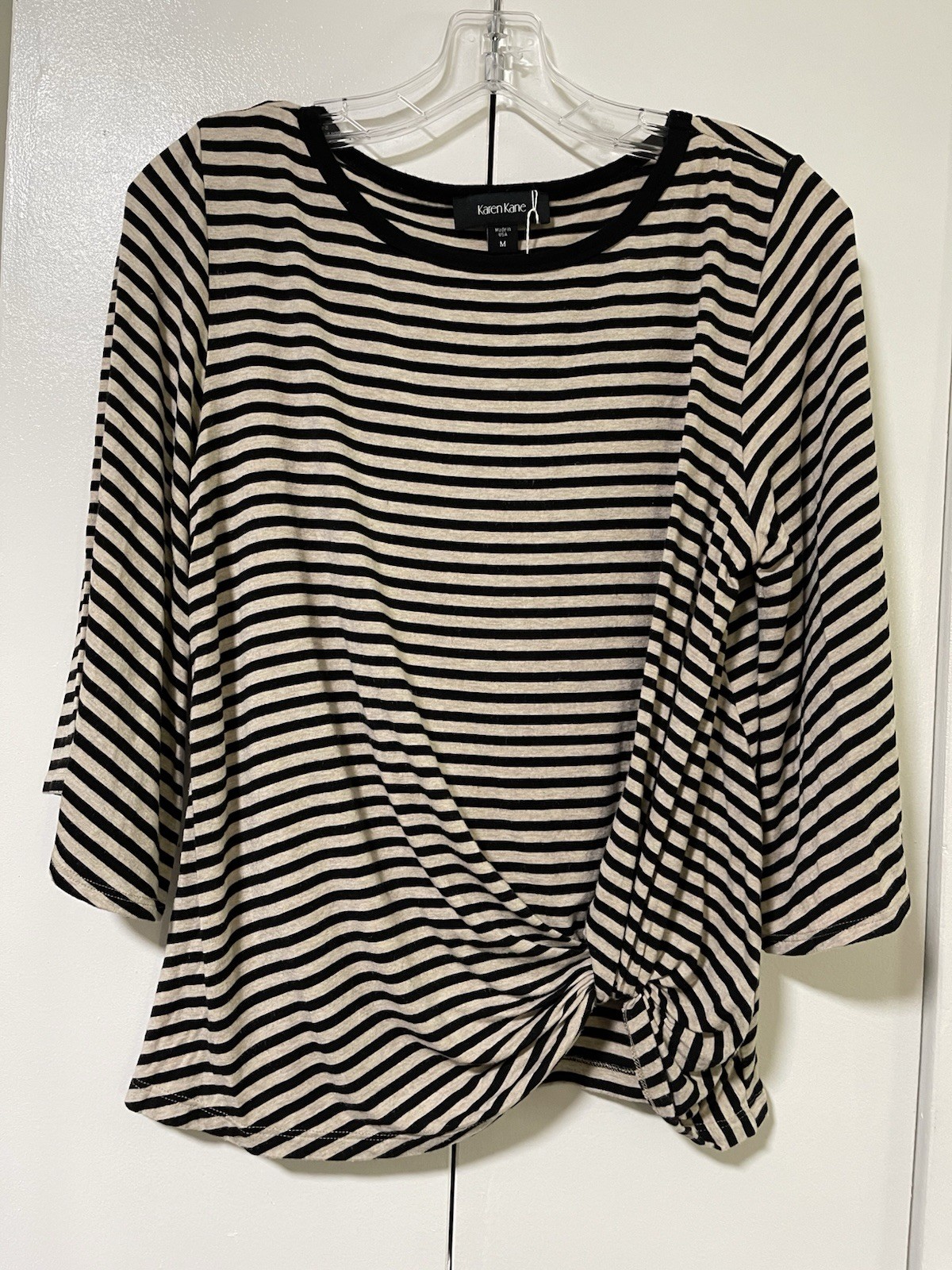 Karen Kane Women’s M Black/Beige Striped Knit Round Neck 3/4 Bell Twist Top