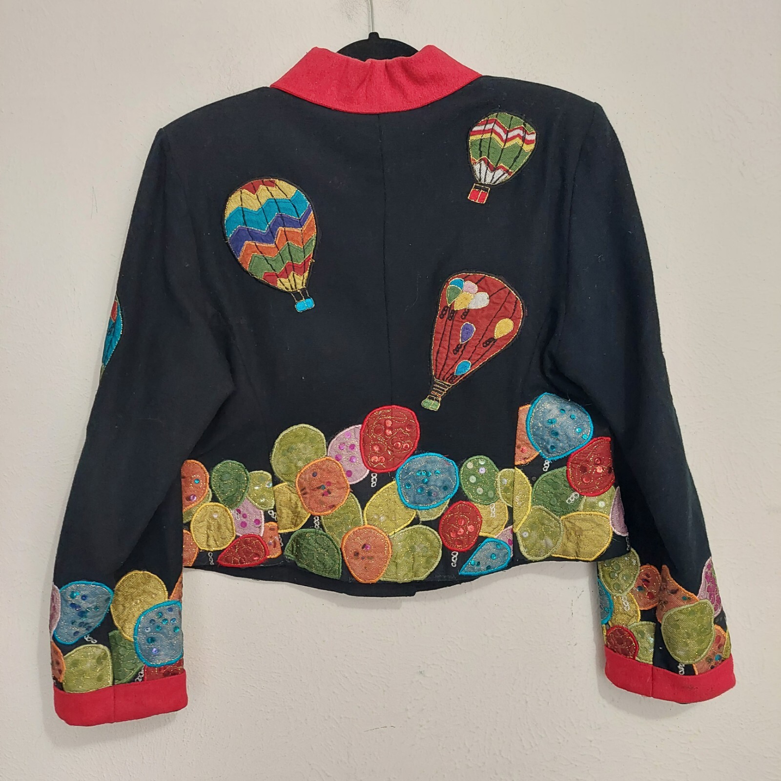 Vintage Anage Black Hot Air Balloons Button Down Jacket Sequins Patchwork 80s S