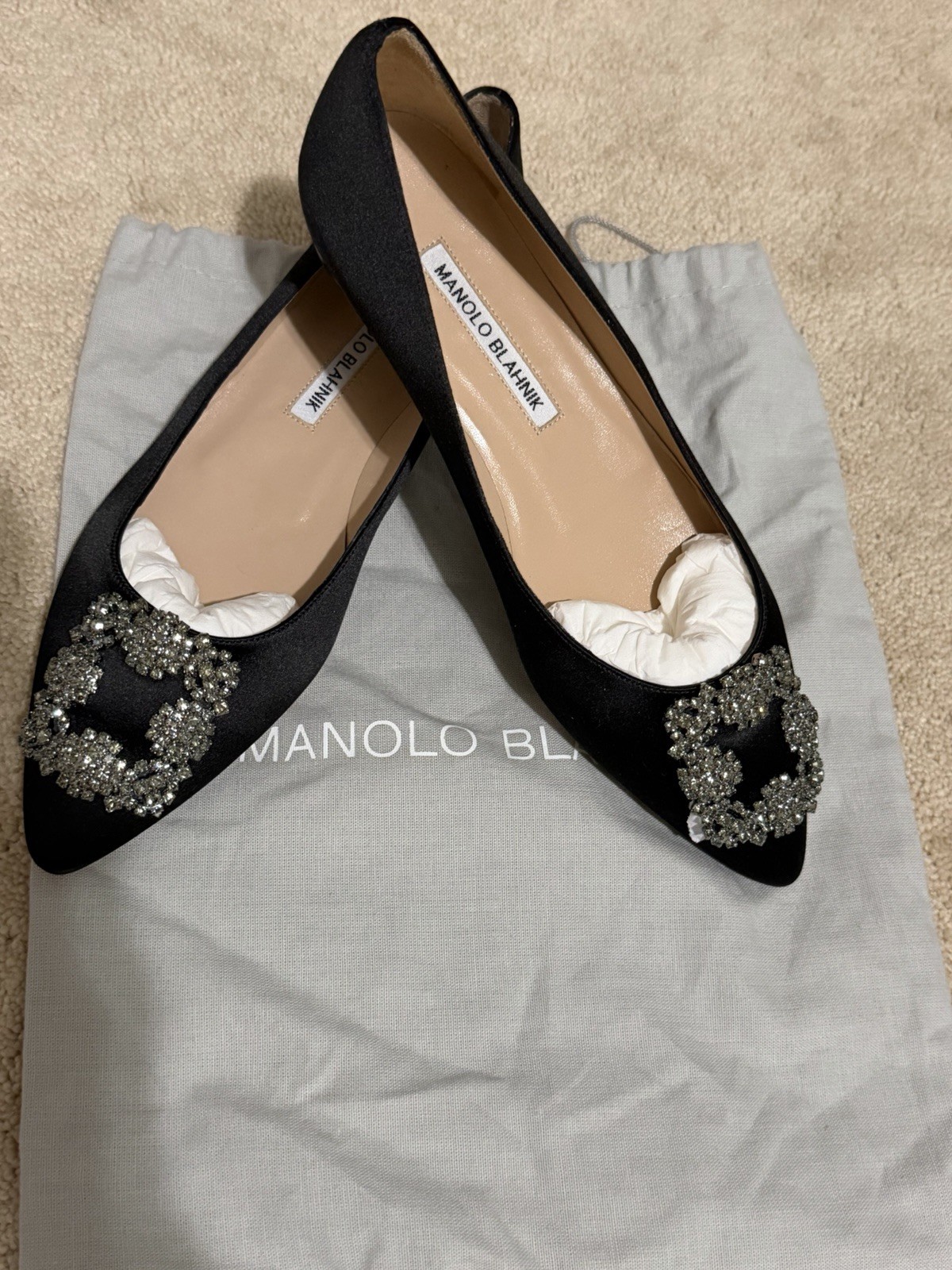 HANGISIFLAT Black Satin Jewel Buckle Flat Pumps Size 37